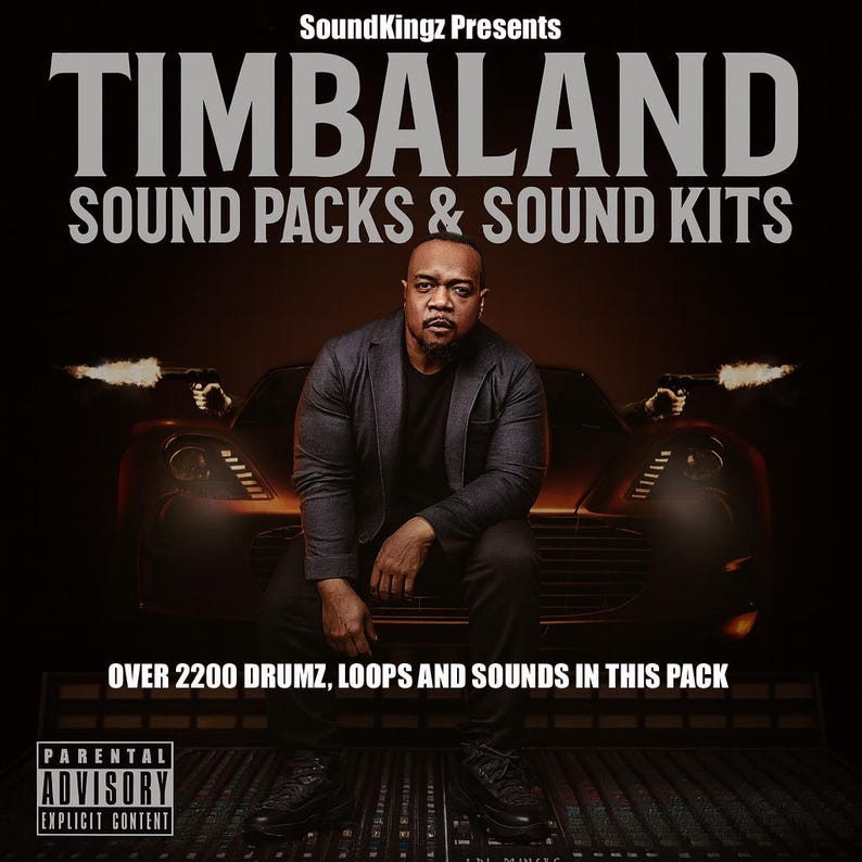 K&ouml;nnte beinhalten: Werbebild f&uuml;r "TIMBALAND SOUND PACKS & SOUND KITS" von SoundKingz. Das Bild zeigt einen Mann in einem dunklen Anzug, mit Text&uuml;berlagerung einschlie&szlig;lich "OVER 2200 DRUMZ, LOOPS AND SOUNDS IN THIS PACK" und einem Warnhinweis f&uuml;r Eltern.