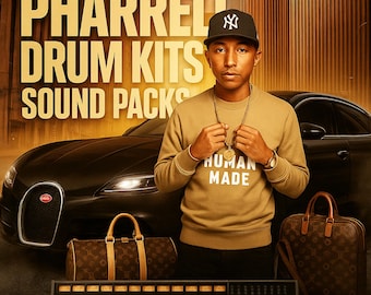 Könnte beinhalten: Bild mit dem Text "PHARRELL DRUM KITS SOUND PACKS" in Gold. Eine Person mit einem beigefarbenen Sweatshirt mit dem Aufdruck "HUMAN MADE" steht vor einem schwarzen Auto. Das Bild zeigt auch ein Mischpult und zwei Designertaschen.