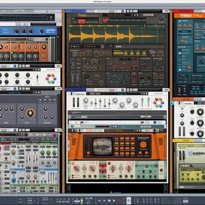 K&ouml;nnte beinhalten: Ein Computerbildschirm, der eine Sammlung von Audio-Plugins anzeigt. Die Plugins verf&uuml;gen &uuml;ber verschiedene Oberfl&auml;chen mit Kn&ouml;pfen, Schiebereglern und visuellen Anzeigen. Die Farbpalette umfasst Farbt&ouml;ne von Orange, Blau, Grau und Wei&szlig;, was auf eine digitale Audio-Workstation-Umgebung hindeutet.