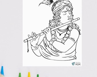 Lord Krishna Coloring Page: Janmashtami Hindu Art (Digital Download)