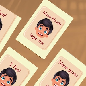 Emotions Flashcards in Gujarati & English | Feelings and Emotions Learning | Digital Bilingual Flash Cards for Kids | Instant download