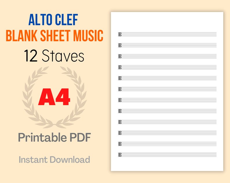 Printable Blank Sheet Music Alto Clef Template A4 Size 12 Blank Staves ...