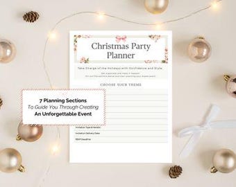 May include: A printable Christmas party planner with a pink floral design. The planner has a section for choosing a theme and seven planning sections to guide you through creating an unforgettable event.