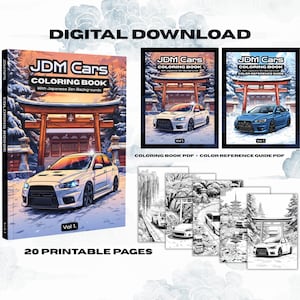 Może przedstawiać: Cyfrowe pobieranie kolorowanki JDM Cars z japońskimi tłami Zen. Okładka przedstawia biały samochód przed tradycyjną japońską bramą. Zawiera 20 stron do wydrukowania i przewodnik po kolorach.