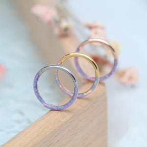 Puede incluir: Tres piezas circulares de joyería corporal en plata, oro y oro rosa. Cada anillo presenta una banda de ópalo morado iridiscente. La joyería se exhibe sobre una superficie de madera con suaves acentos florales borrosos.