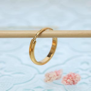 Puede incluir: Un pendiente de aro dorado, exhibido en una varilla de madera. El pendiente tiene un diseño simple y circular. Dos pequeñas flores rosas están en el fondo. Una pieza de joyería clásica.