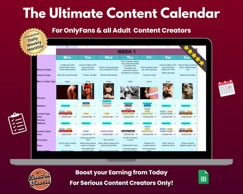 May include: A computer screen displaying a spreadsheet with a content calendar for adult content creators. The spreadsheet is titled "The Ultimate Content Calendar" and includes columns for each day of the week, with suggestions for content to post. The spreadsheet also includes a section for notes and tasks, theme of the day, main content type, preview, platform, content type, time, promotion, and story.