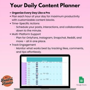May include: A pink and white graphic with the text "Your Daily Content Planner" and a list of bullet points describing the benefits of using a content planner. The graphic also includes a screenshot of a Google Sheets spreadsheet with a calendar layout.