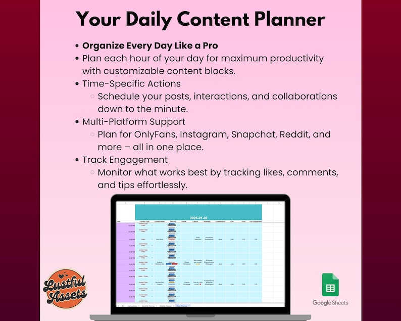 May include: A pink and white graphic with the text "Your Daily Content Planner" and a list of bullet points describing the benefits of using a content planner. The graphic also includes a screenshot of a Google Sheets spreadsheet with a calendar layout.