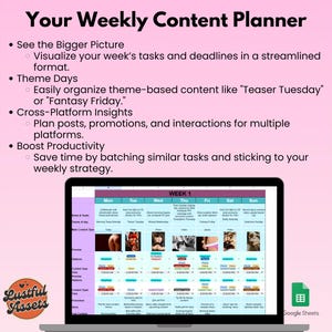 May include: A weekly content planner template in a Google Sheet format. The template is designed to help users visualize their week's tasks and deadlines, organize theme-based content, and plan posts, promotions, and interactions for multiple platforms. The template includes columns for each day of the week, with rows for notes and tasks, content type, and platform.