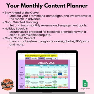 May include: A screenshot of a Google Sheets spreadsheet with a monthly content planner template. The template is designed to help users plan and schedule their content for the month, including promotions, campaigns, and live streams. The spreadsheet includes columns for date, day of the week, notes, content type, action, and deadline. The spreadsheet is titled "January 2025".