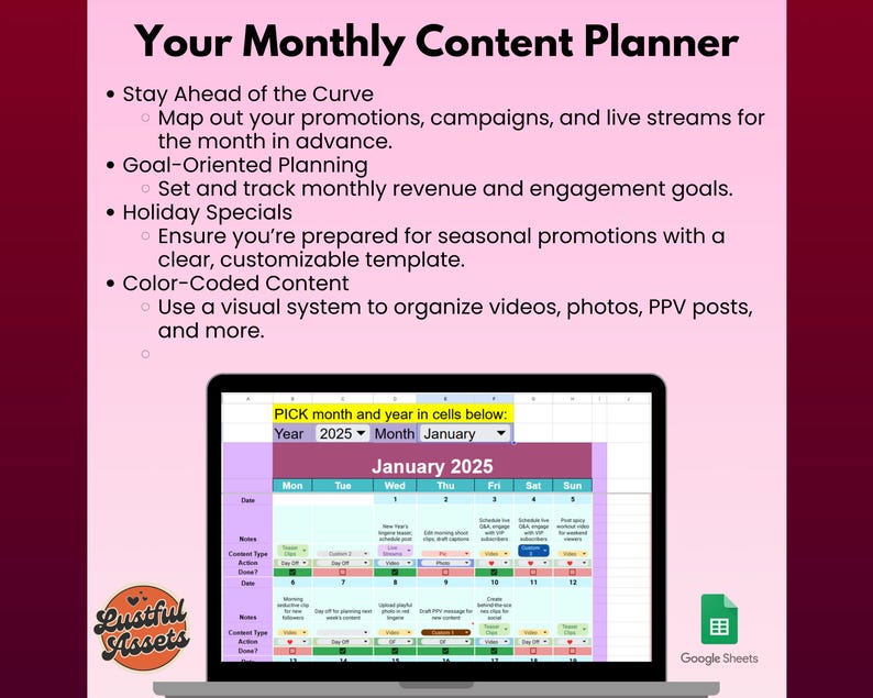 May include: A screenshot of a Google Sheets spreadsheet with a monthly content planner template. The template is designed to help users plan and schedule their content for the month, including promotions, campaigns, and live streams. The spreadsheet includes columns for date, day of the week, notes, content type, action, and deadline. The spreadsheet is titled "January 2025".