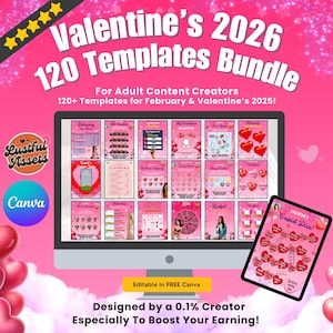 Puede incluir: Un paquete digital de 120 plantillas para San Valentín 2026, diseñado para creadores de contenido para adultos. La imagen muestra una pantalla de ordenador y una tableta que muestran varios diseños, con el texto "Valentine's 2026 120 Templates Bundle."