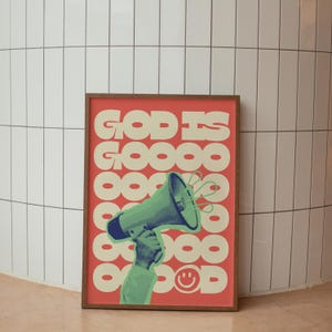 Bóg jest dobry Inspirująca chrześcijańska sztuka ścienna, Dekoracja wiary dla duszpasterstwa młodzieży, Modny młodzieżowy plakat chrześcijański, Pokój młodzieżowy w kościele, wydruk retro