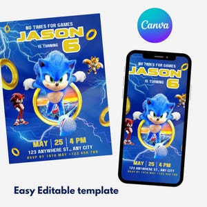 Sonic the Hedgehog Birthday Invite, Digital Download, Canva Editable, Animated Video Invitation, Premium Personalized Invitations