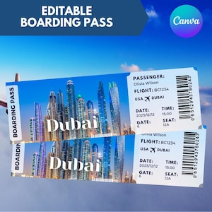 Billet d'avion d'embarquement modifiable pour Dubaï, bon de commande pour voyage surprise à imprimer, carte d'embarquement à destination modifiable, bon cadeau de billet d'avion