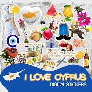 Könnte beinhalten: Ein Set digitaler Sticker mit verschiedenen Bildern rund um Zypern, darunter die zyprische Flagge, ein Esel, eine Wassermelone, eine Zitrone, ein Flamingo, eine blaue Tür, eine Schildkröte, ein Seestern, ein Granatapfel, ein Fisch, ein Glas Wasser, eine Katze, ein Stück Halloumi-Käse, eine Flasche Bier und ein blauer böser Blick-Anhänger. Der Text "I LOVE CYPRUS" und "DIGITAL STICKERS" ist ebenfalls enthalten.