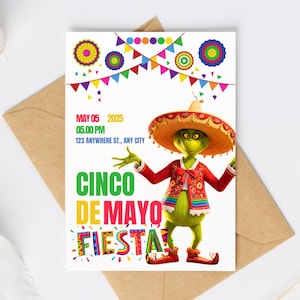 Invitation Cinco de Mayo Grinch Fiesta entièrement modifiable - modèle de toile modifiable - invitation de fête pliable imprimable - téléchargement immédiat