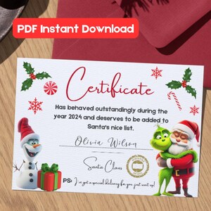 Certificado de lista de buenos amigos de Papá Noel personalizado, PDF imprimible, carta personalizable de Papá Noel, correo del Polo Norte, certificado de buen chico y buena chica