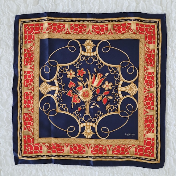 Vintage Lanvin Paris Silk Handkerchief Pocket Square Floral Gold