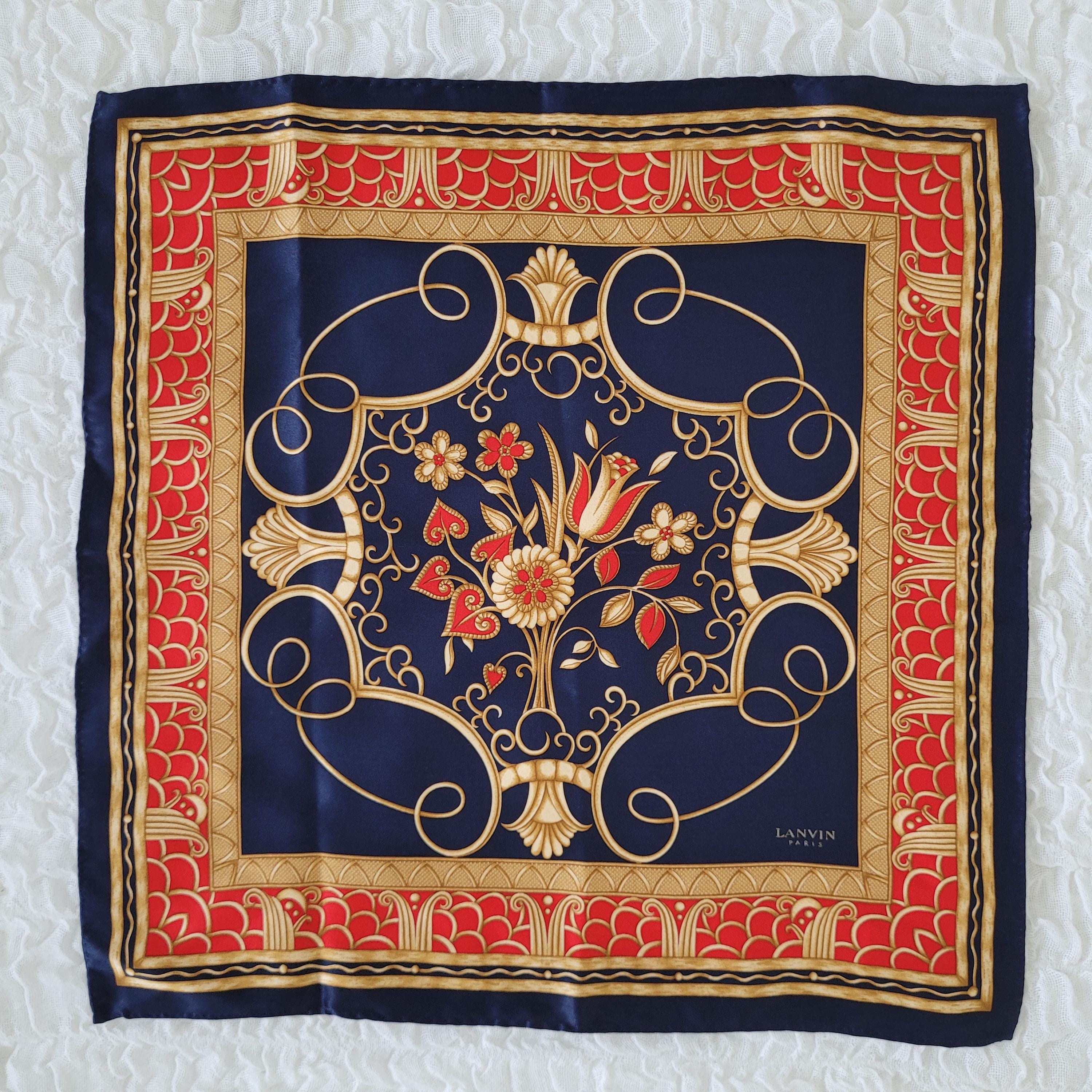Vintage Lanvin Paris Silk Handkerchief Pocket Square Floral Gold