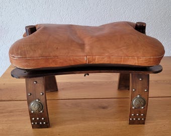 Vintage Egyptian Camel Saddle Stool Leather Seat Upholstery Brass Accents