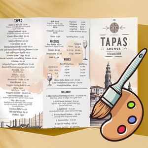 Könnte beinhalten: Eine farbenfrohe Speisekarte für ein Tapas-Restaurant namens "Tapas Lounge". Die Speisekarte bietet eine Auswahl an Tapas-Gerichten, darunter Gambas Pil Pil, Baby-Sardinen und Salzstockfisch-Fritters. Die Speisekarte bietet auch eine Auswahl an Getränken, darunter Bier, Wein und Sangria. Die Speisekarte ist mit einem Gemälde einer Stadtlandschaft verziert.