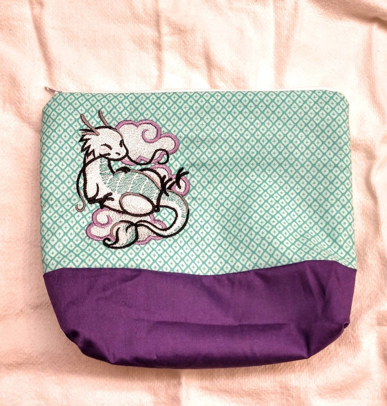 Dragon Zipper Bag with Pink Chevron Lining Handmade