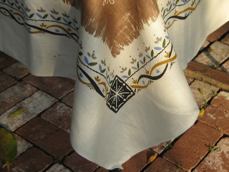 Vintage printed linen tablecloth 1950s square brown unused flowers