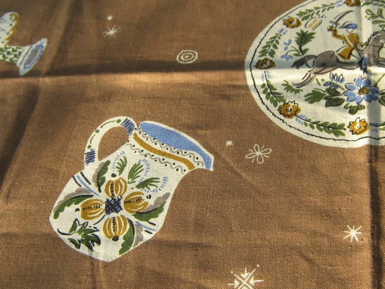 Vintage printed linen tablecloth 1950s square brown unused flowers