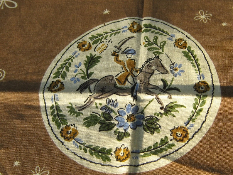 Vintage printed linen tablecloth 1950s square brown unused flowers