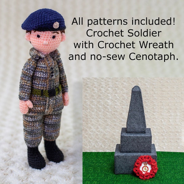 MOTIF AU CROCHET - Soldat en camouflage, couronne de coquelicots et cénotaphe - Avancé