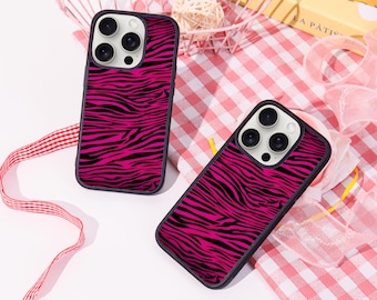 Roze zebrastrepen gepersonaliseerd telefoonhoesje voor iPhone 16 15 14 13 12 11 Pro Max, aangepast hoesje, iPhone 8+ hoesje, 2025 trendy telefoonhoesje, wolken