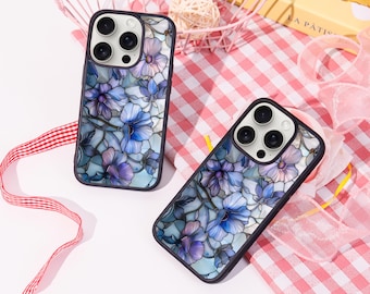 Gebrandschilderd glas bloemenkunst Gepersonaliseerde telefoonhoesje voor iPhone 16 15 14 13 12 11 Pro Max, aangepast hoesje, iPhone 8+ hoesje, 2025 trendy telefoonhoesje