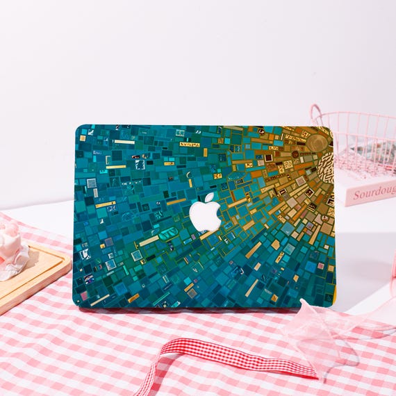 Custom Blue Gold Mosaic MacBook Case, For Pro 13 A1706 A1989 A2338, Geometric Abstract Laptop Aesthetic Cover, Personalized Modern Art Gifts