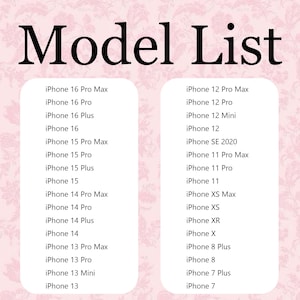 Op de afbeelding: Een roze achtergrond met bloemenpatroon en de woorden "Model List" in grote zwarte letters. Daaronder staat een lijst met iPhone-modellen, waaronder iPhone 16 Pro Max, iPhone 15 en iPhone 12.