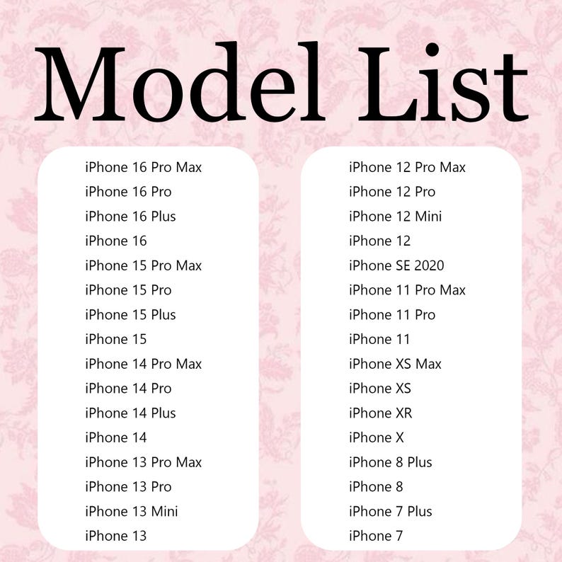 Op de afbeelding: Een roze achtergrond met bloemenpatroon en de woorden "Model List" in grote zwarte letters. Daaronder staat een lijst met iPhone-modellen, waaronder iPhone 16 Pro Max, iPhone 15 en iPhone 12.