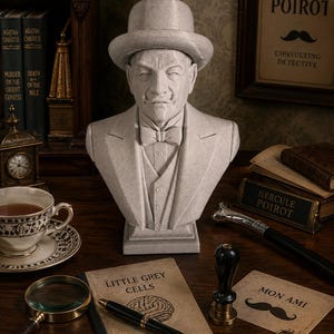 Hercule Poirot-byst för bokhylla / skrivbordsdekor / Agatha Christis detektiv