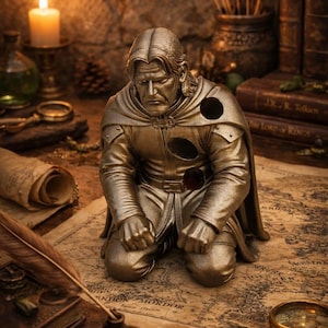 Op de afbeelding: Een bronzen beeld van een knielende figuur met een cape, geplaatst op een kaart. Het beeld heeft een gedetailleerd gezicht en is omgeven door boeken, een kaars en een vergrootglas, wat een fantasiethema cre&euml;ert.