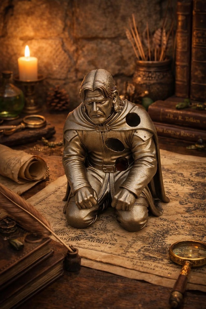 Op de afbeelding: Een bronzen beeld van een knielende figuur met een cape, geplaatst op een kaart. Het beeld heeft een gedetailleerd gezicht en is omgeven door boeken, een kaars en een vergrootglas, wat een fantasiethema cre&euml;ert.