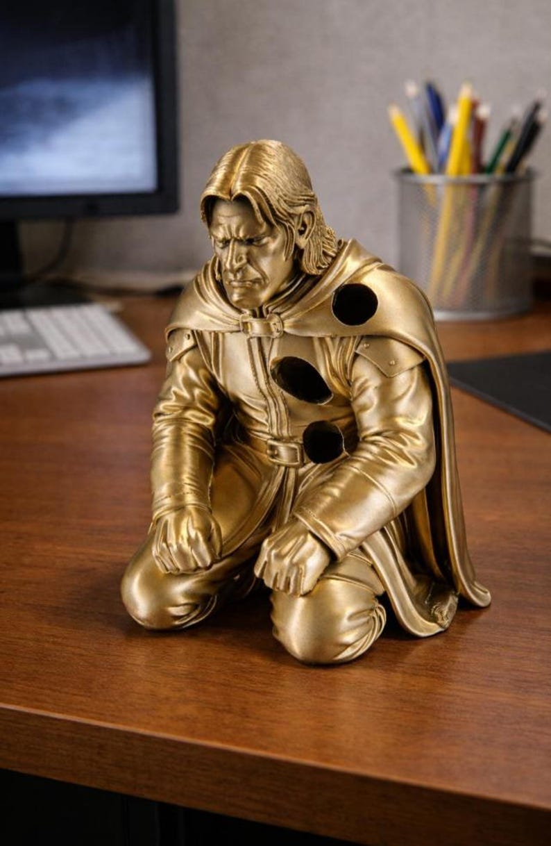 May include: A gold-colored figurine of a kneeling figure with long hair, wearing a cape and tunic. The figure has three distinct circular holes on the chest and shoulder area, with a somber facial expression and hands resting on the knees.