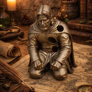 May include: A metallic bronze-colored figurine of a kneeling figure with long hair, wearing a tunic and a cape. The figure has three circular holes in the chest and shoulder area, with a dark, circular object visible in the lowest hole on the torso.