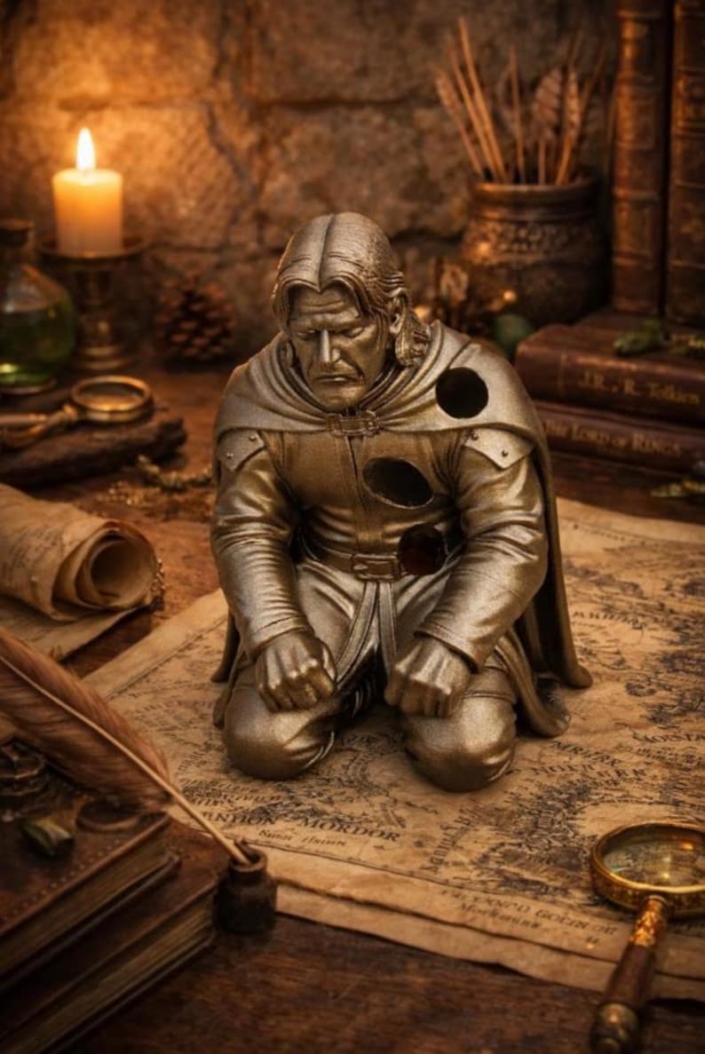 May include: A metallic bronze-colored figurine of a kneeling figure with long hair, wearing a tunic and a cape. The figure has three circular holes in the chest and shoulder area, with a dark, circular object visible in the lowest hole on the torso.