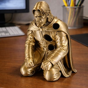 Op de afbeelding: Goudkleurig beeld van een knielende figuur in een middeleeuwse outfit met een cape. Het beeld heeft een gedetailleerd gezicht en staat op een houten oppervlak. De figuur heeft drie ronde gaten in de borst.