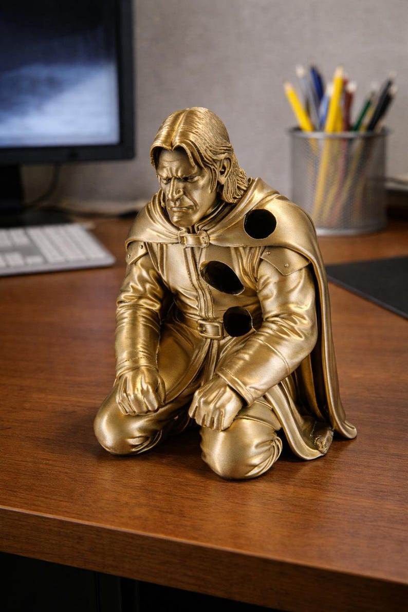 Op de afbeelding: Goudkleurig beeld van een knielende figuur in een middeleeuwse outfit met een cape. Het beeld heeft een gedetailleerd gezicht en staat op een houten oppervlak. De figuur heeft drie ronde gaten in de borst.
