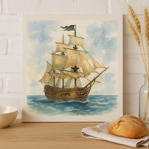 Watercolor Pirate Ship Wall Art – Nautical Ocean Print, Vintage Sailing Decor, Pirate Nursery or Boys Room Printable