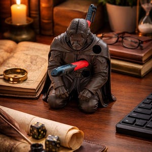 Op de afbeelding: Een knielend, donkerbruin beeldje met een rood en blauw object dat door de borst steekt. Het beeldje staat op een houten bureau met boeken, een kaars en een toetsenbord. Uniek bureauaccessoire.