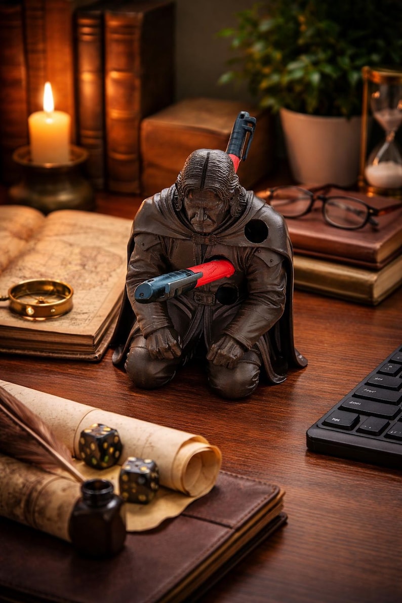 Op de afbeelding: Een knielend, donkerbruin beeldje met een rood en blauw object dat door de borst steekt. Het beeldje staat op een houten bureau met boeken, een kaars en een toetsenbord. Uniek bureauaccessoire.