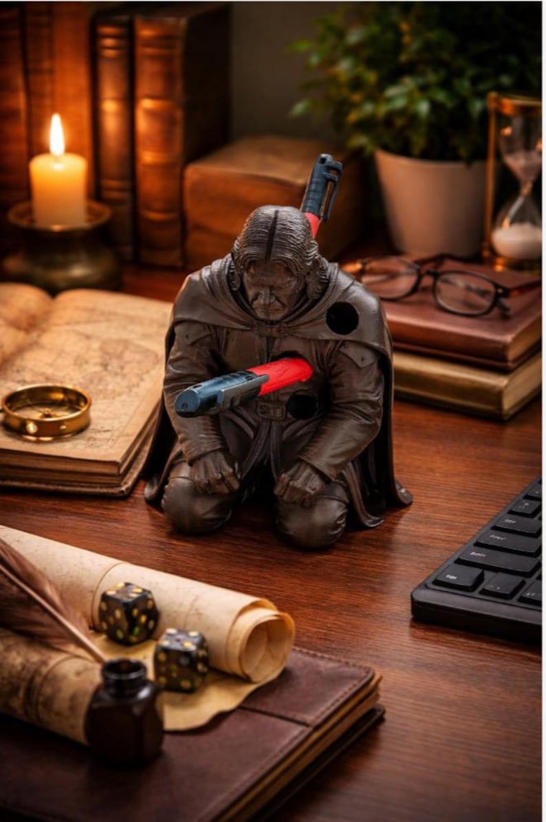 May include: A dark brown resin figurine of a kneeling figure in a cloak, designed as a desk organizer. The figure features circular openings in the chest and shoulder areas, currently holding two red and black pens in a horizontal and vertical position.