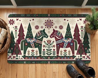 Swedish Dala Horse Doormat, Red Green Christmas Rug, Scandi Folk Art Welcome Mat, Nordic Holiday Porch Decor, Winter Entryway